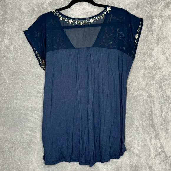 Amaryllis Large Shirt Top Navy Blue Floral Cap Short Sleeve V Neck Semi Sheer - Picture 5 of 7